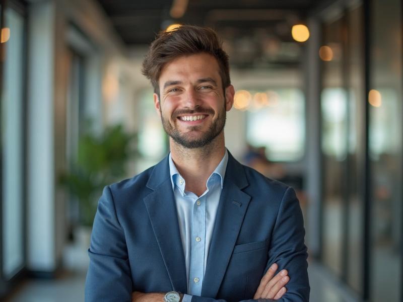 Confident professional smiling in modern office after successful interview practice